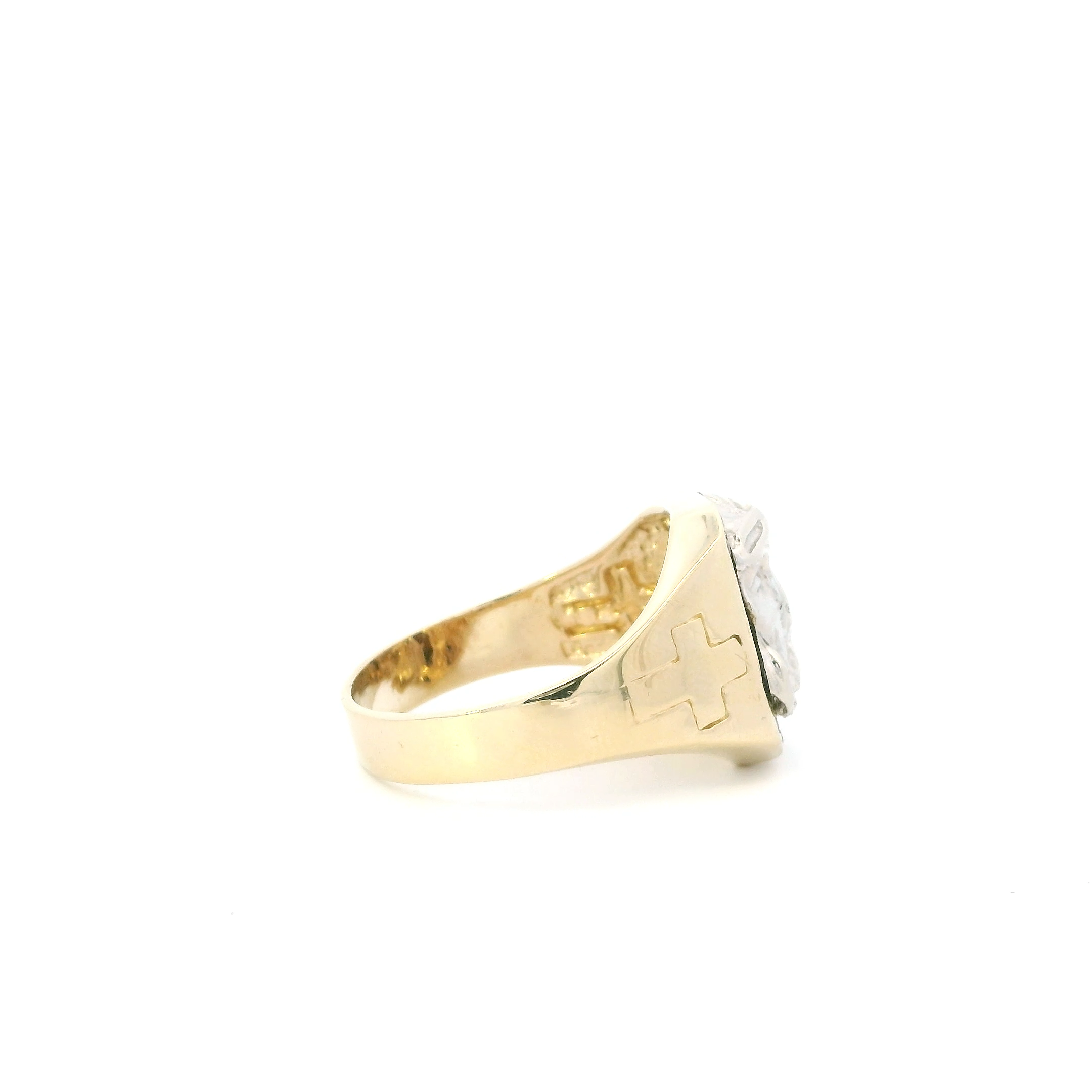 14K Yellow & White Gold Jesus Face & Cross Men's Ring