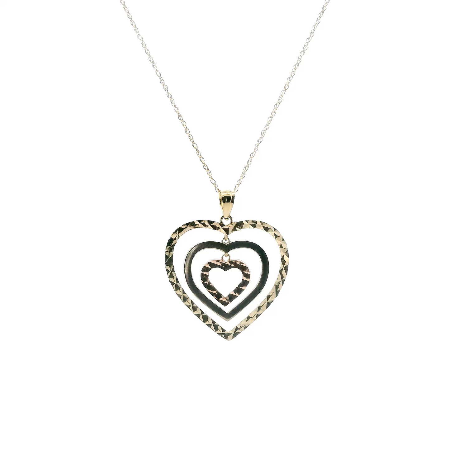 10K Tri Color Gold Triple Heart Pendant & 18" Rope Chain