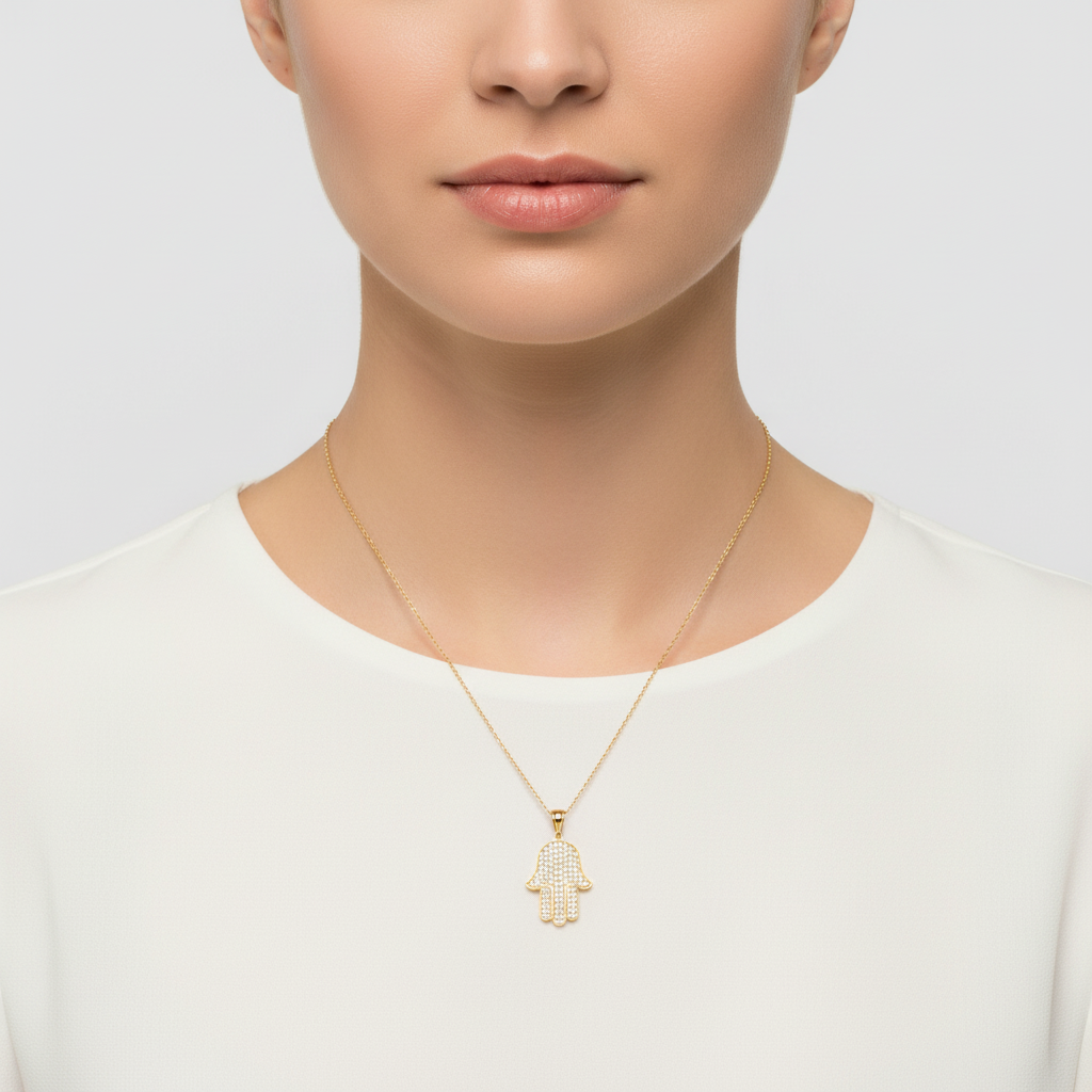 10K Yellow Gold Pave Hamsa Hand Pendant