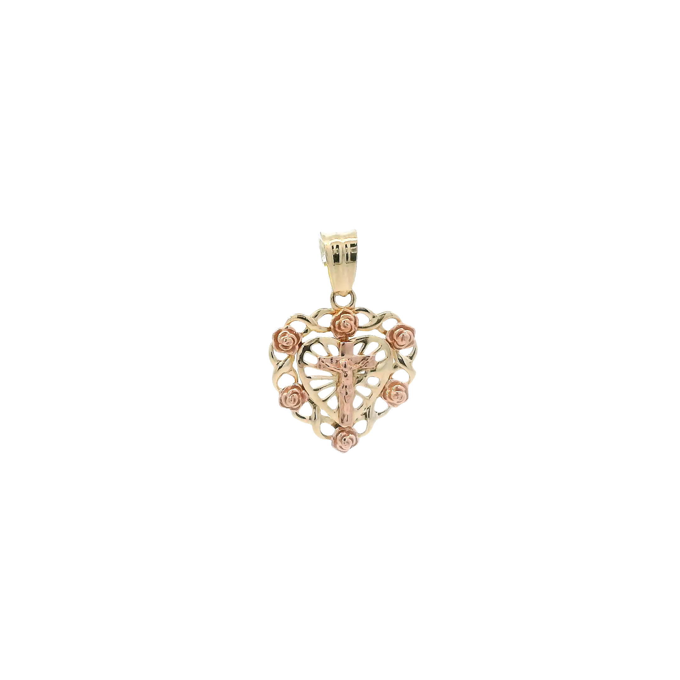 14K Yellow & Rose Gold Roses & Crucifix Heart Pendant