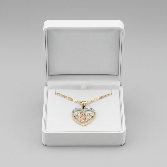 14K Tri Color "15 Años" Heart Pendant & Mariner Chain Set