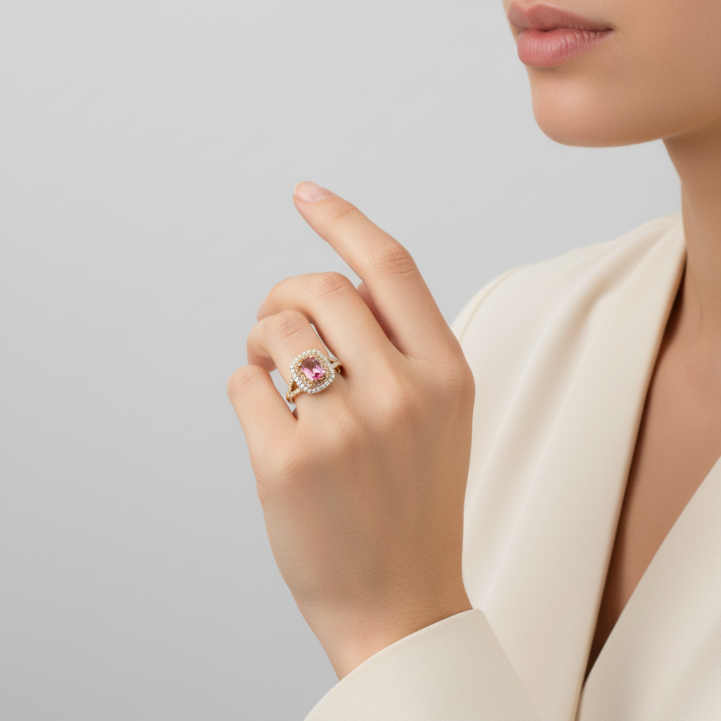 14K Yellow Gold Pink Tourmaline & Orange Diamond Women's Ring - 0.35ct