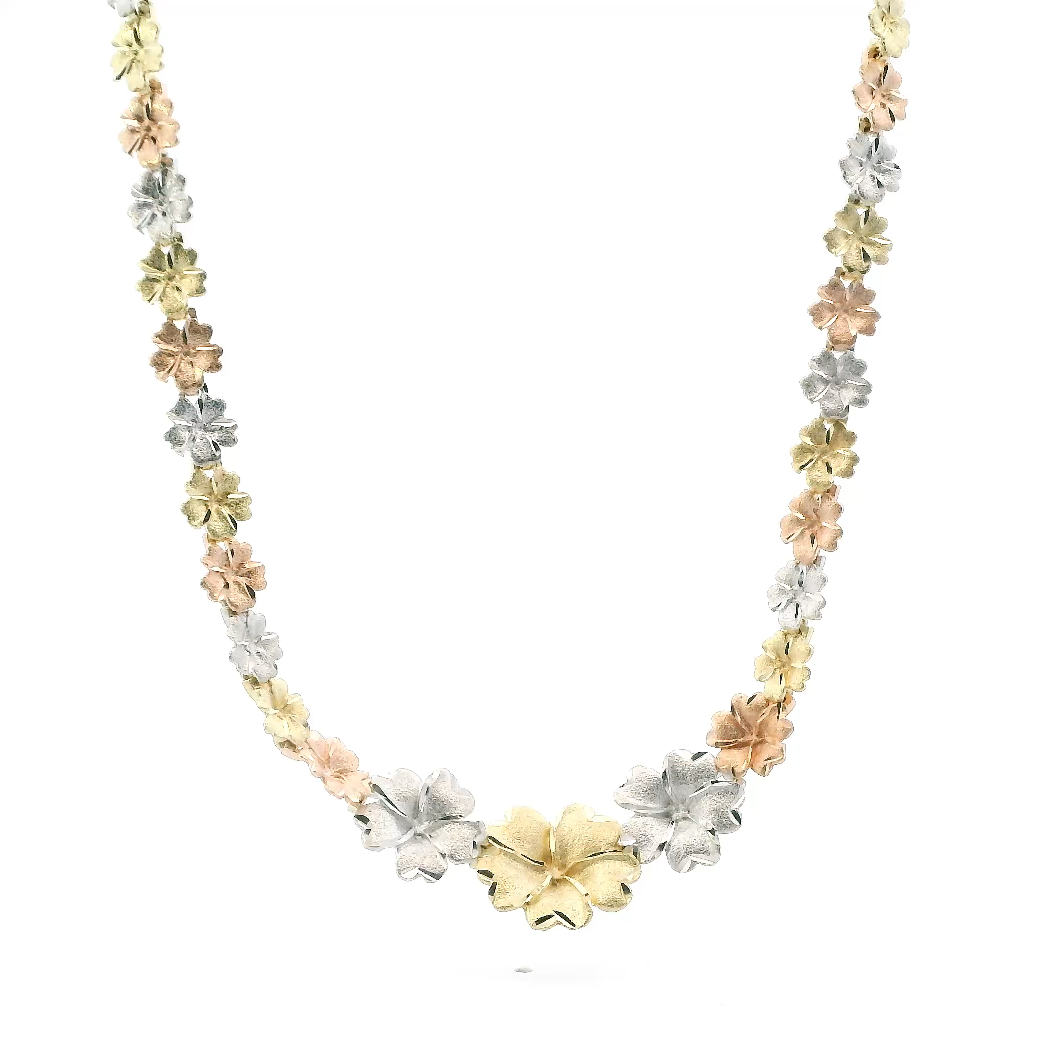 14K Tri Color Tapered Plumeria Linked Necklace