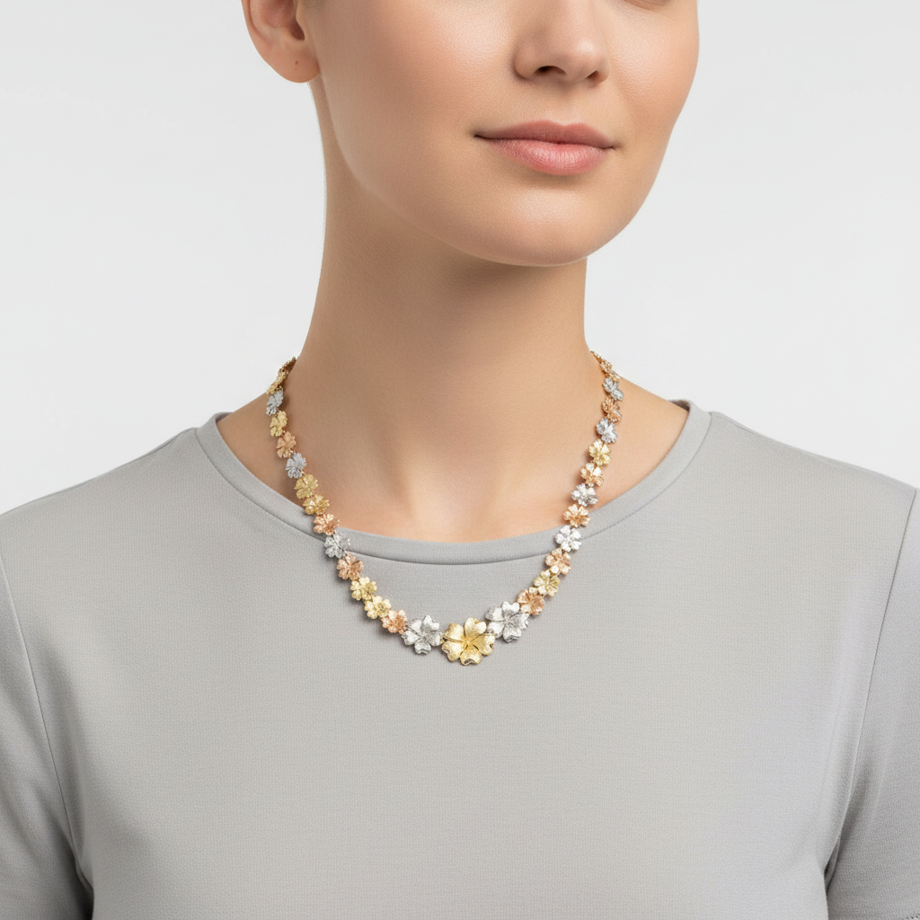 14K Tri Color Tapered Plumeria Linked Necklace