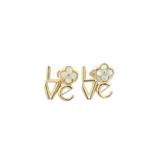 14K Yellow Gold Clover "Love" Earrings