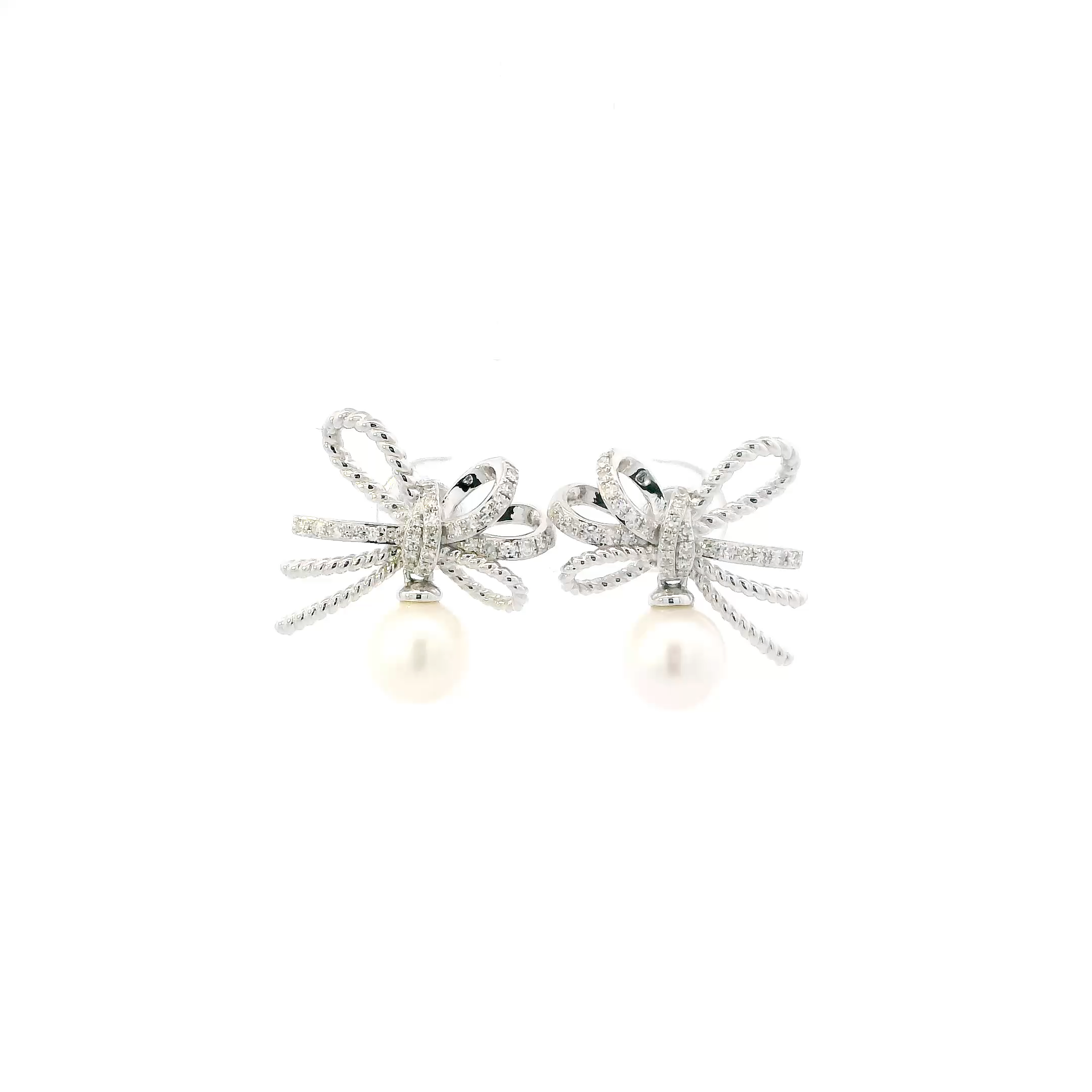 14K White Gold Pearls & Diamond Earrings