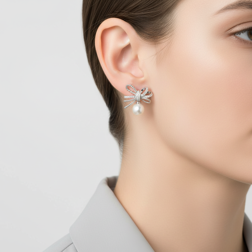 14K White Gold Pearls & Diamond Earrings