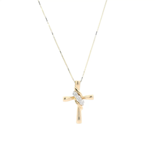 14K Yellow Gold Diamond Cross Pendant & Box Chain-0.13ct