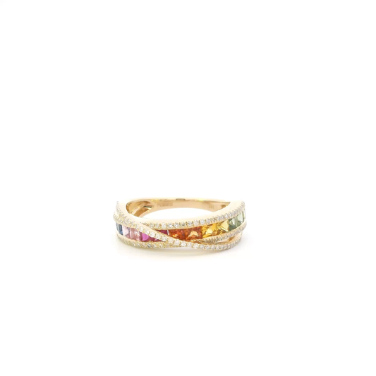 14K Yellow Gold Multi Color Sapphires Women's Ring