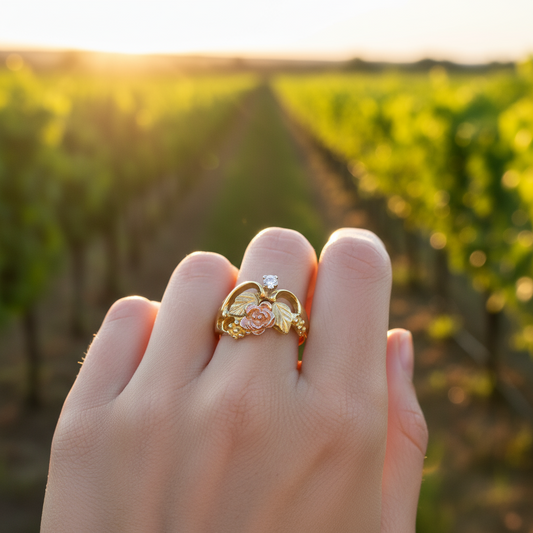 10K Tri Color Gold Diamond Flower & Grapevine Ring - 0.06ct