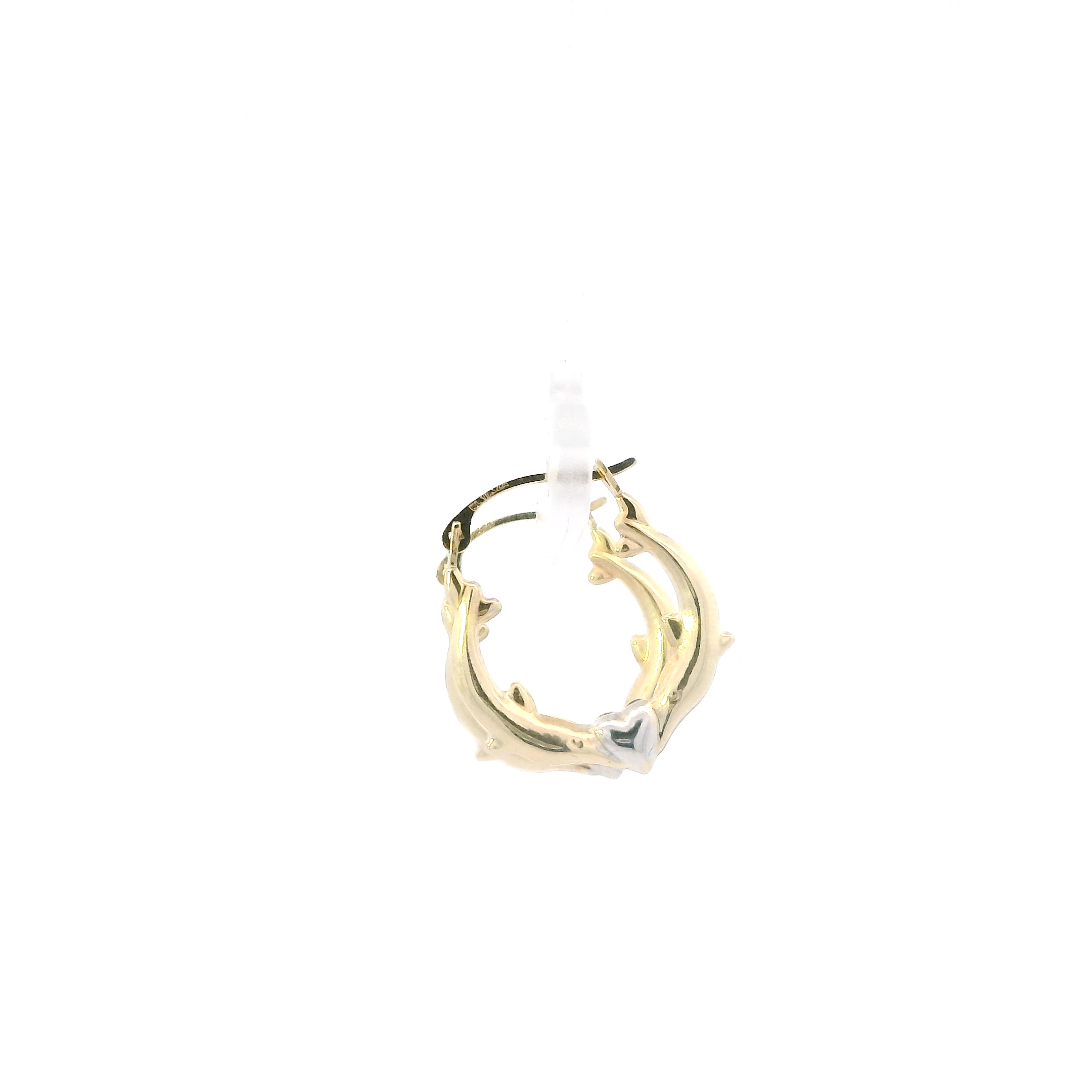 10K Yellow & White Gold Double Dolphin & Heart Hoop Earrings