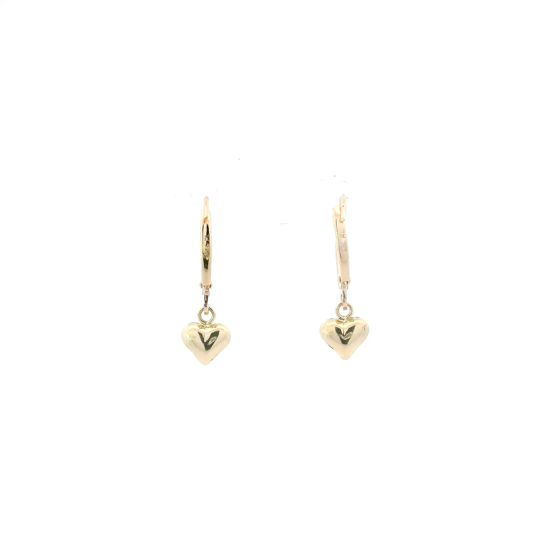 10K Yellow Gold Puff Heart Dangle Lever Back Earrings