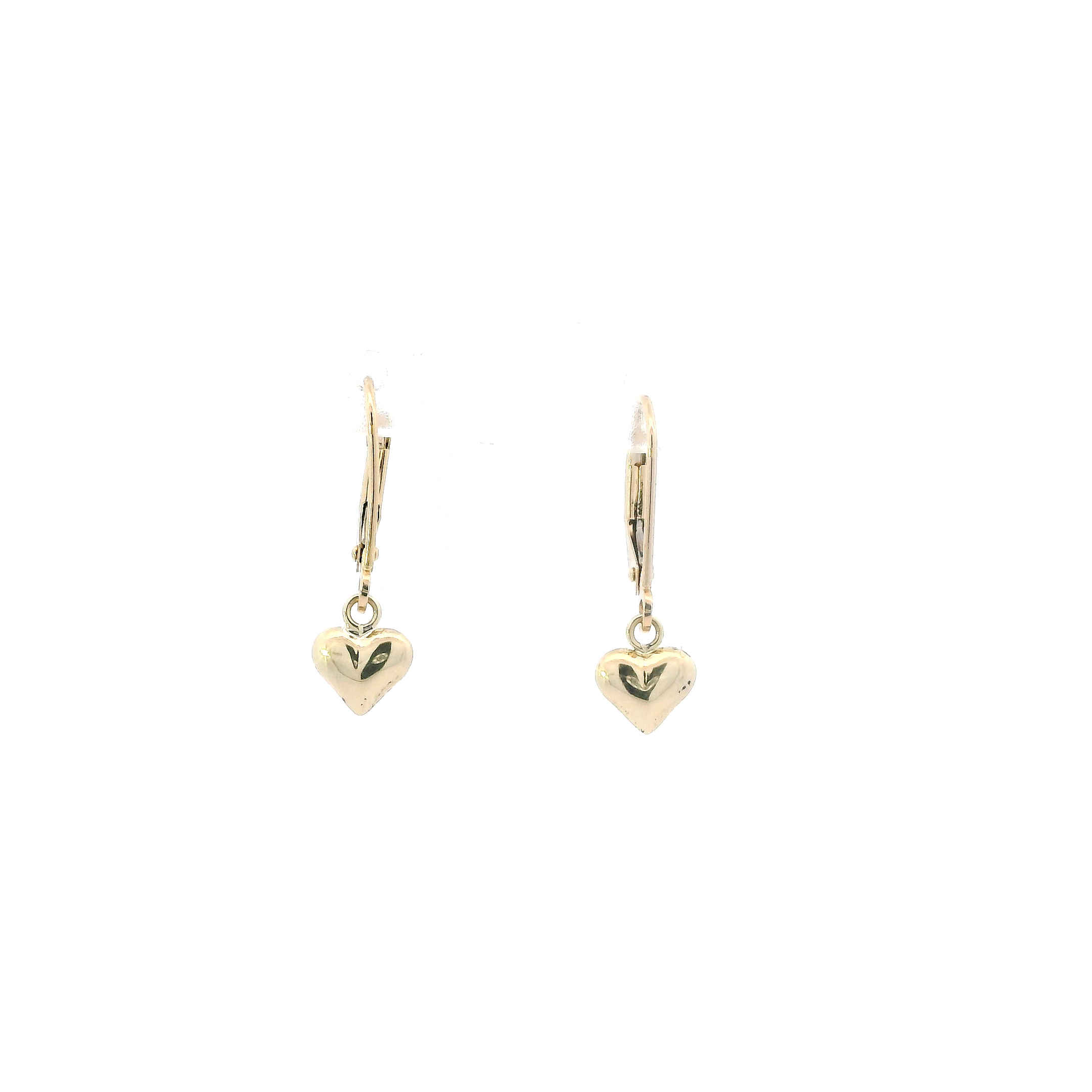 10K Yellow Gold Puff Heart Dangle Lever Back Earrings