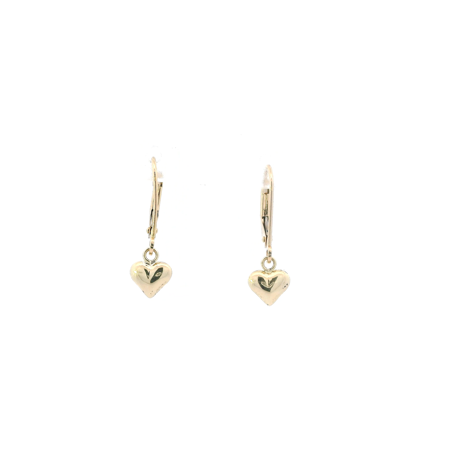 10K Yellow Gold Puff Heart Dangle Lever Back Earrings