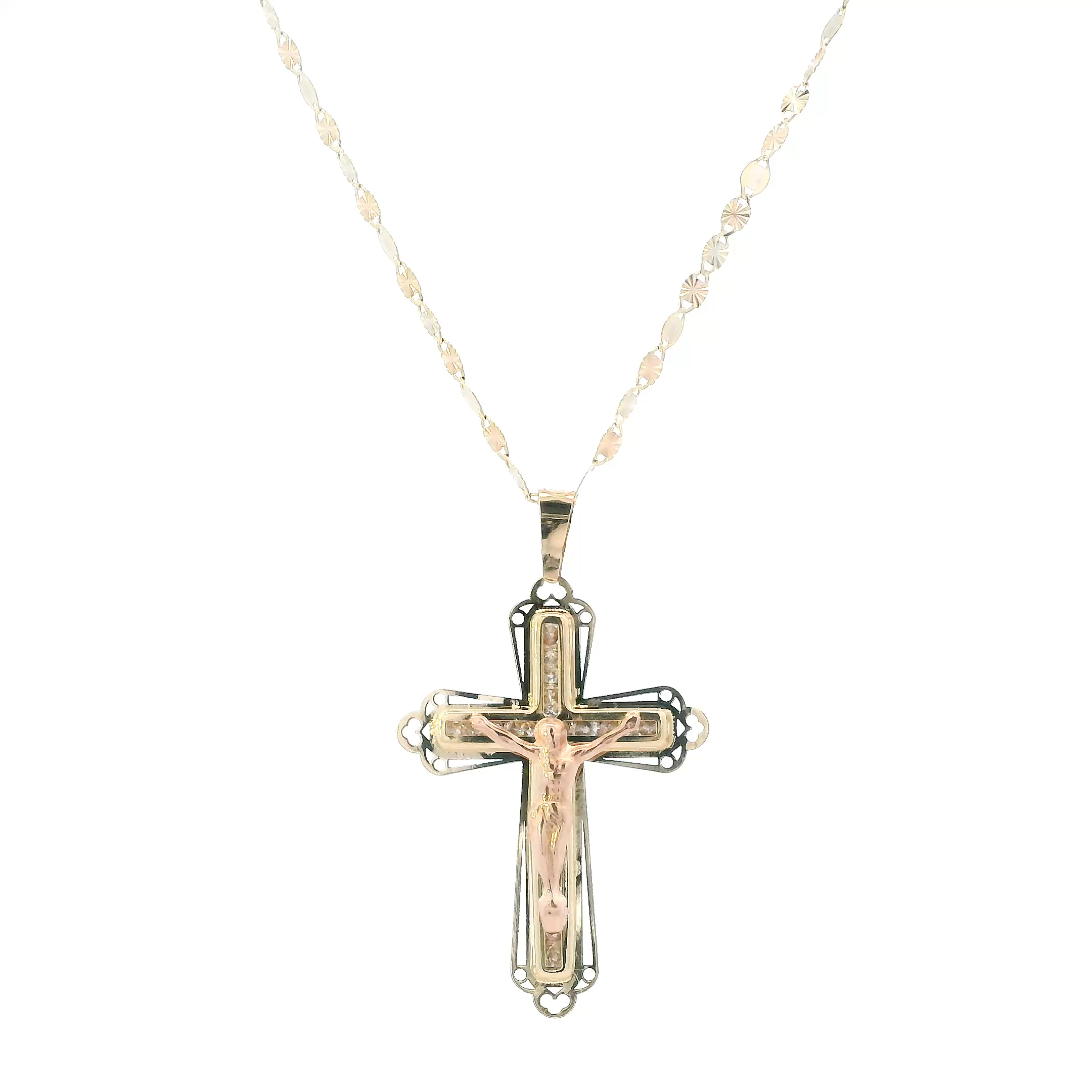 14K Yellow & Rose Gold Crucifix Pendant & Tri Color 18