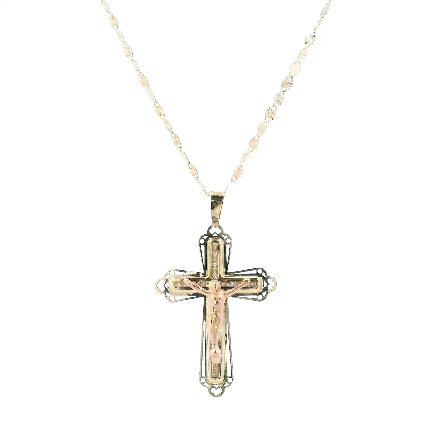 14K Yellow & Rose Gold Crucifix Pendant & Tri Color 18" Valentino Chain