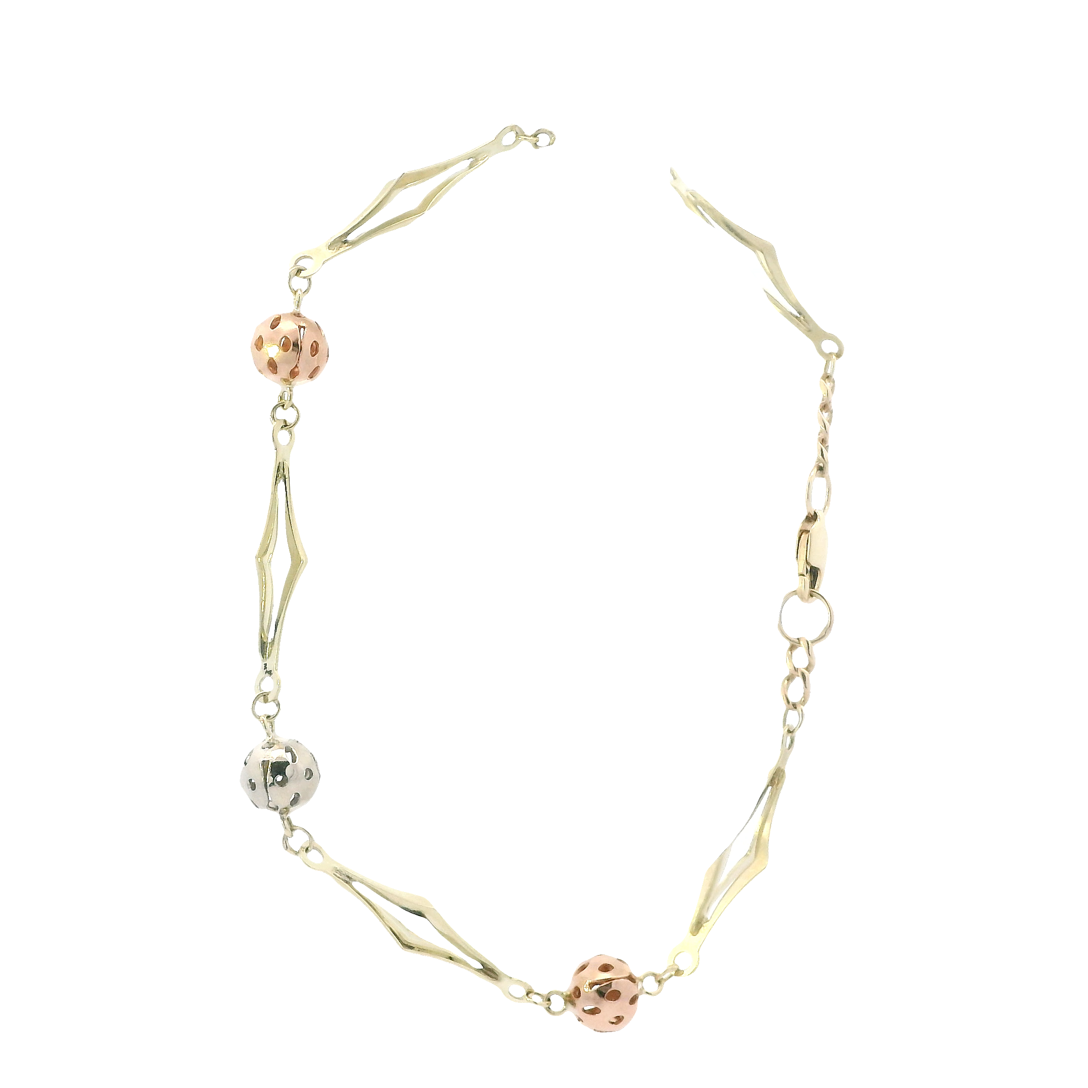 14K Tri Color Gold Beaded Diamond Shaped Link Bracelet