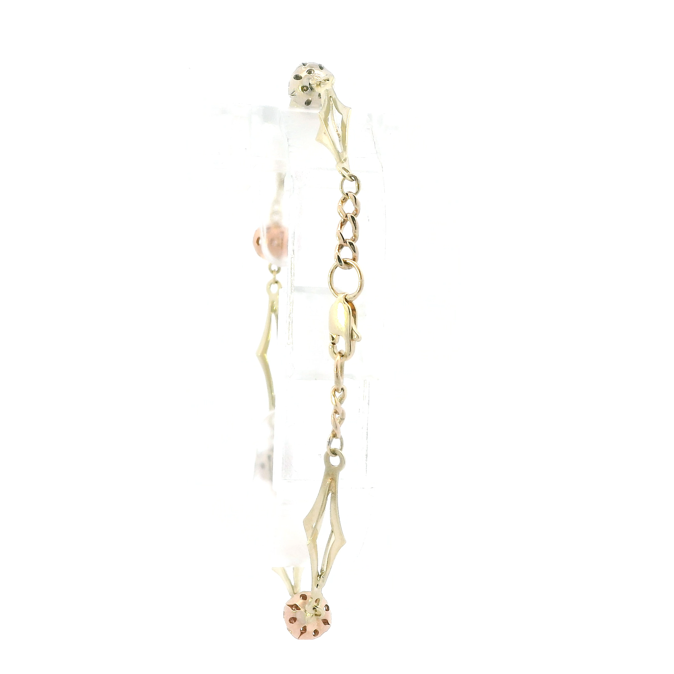 14K Tri Color Gold Beaded Diamond Shaped Link Bracelet
