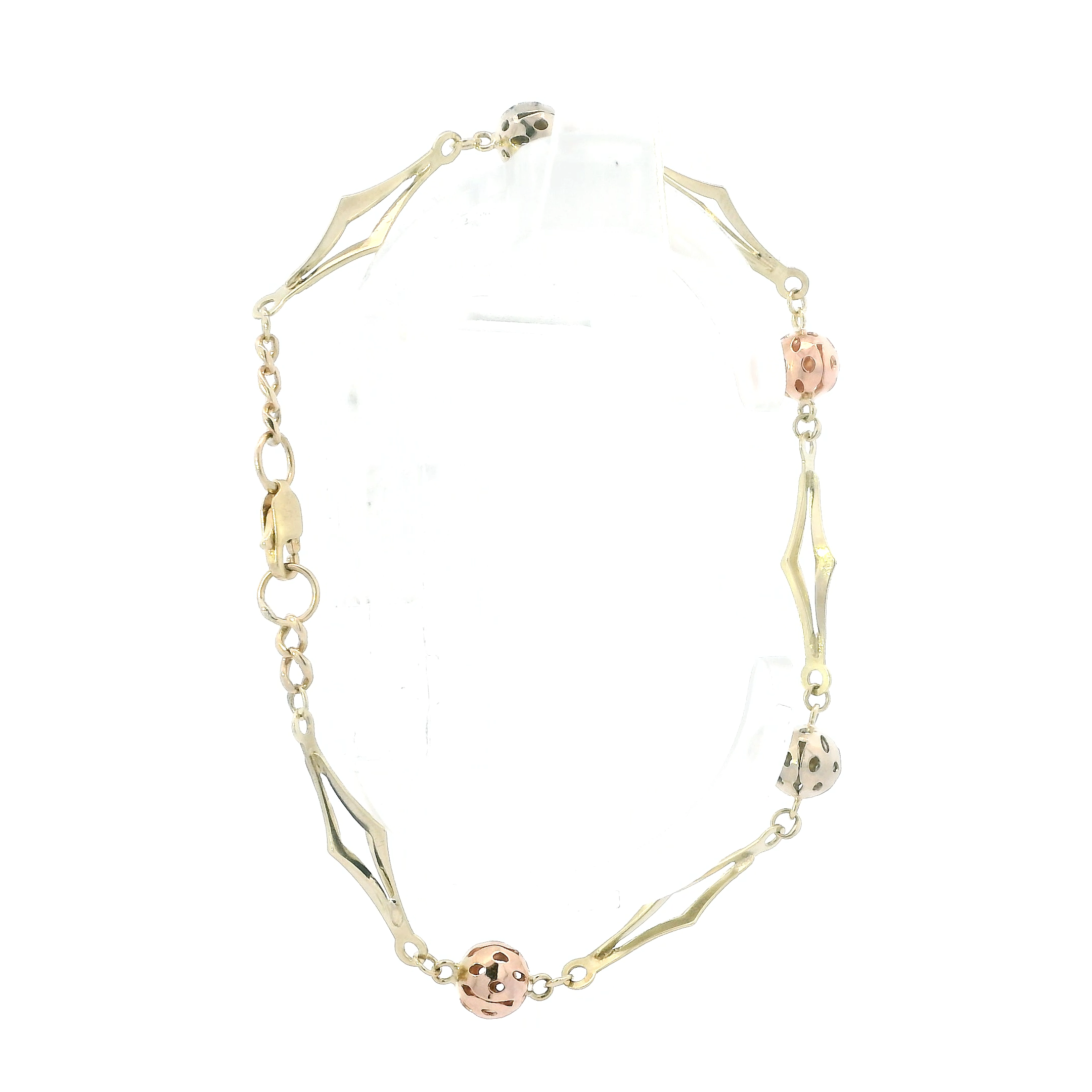 14K Tri Color Gold Beaded Diamond Shaped Link Bracelet