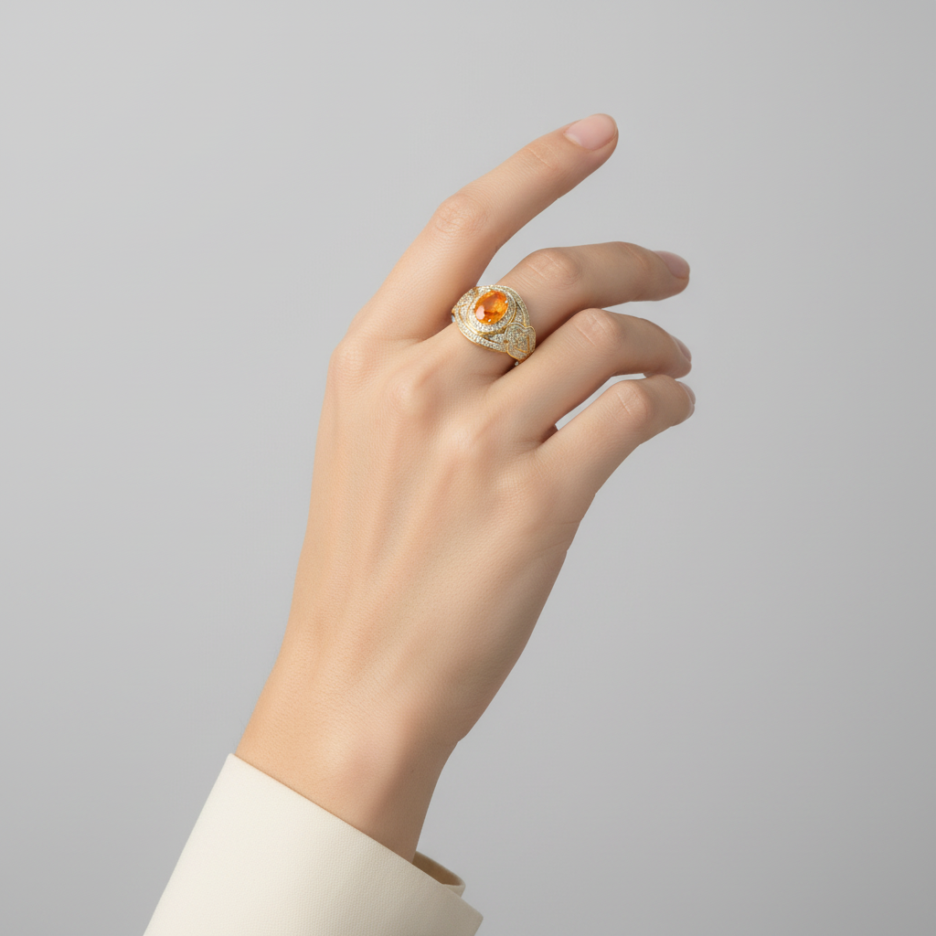 14K Yellow Gold Diamond & Spessartite Garnet Women's Ring - 1.02ct