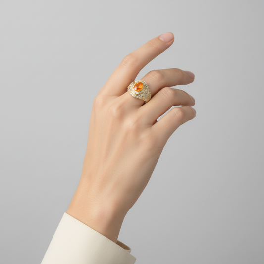 14K Yellow Gold Diamond & Spessartite Garnet Women's Ring - 1.02ct