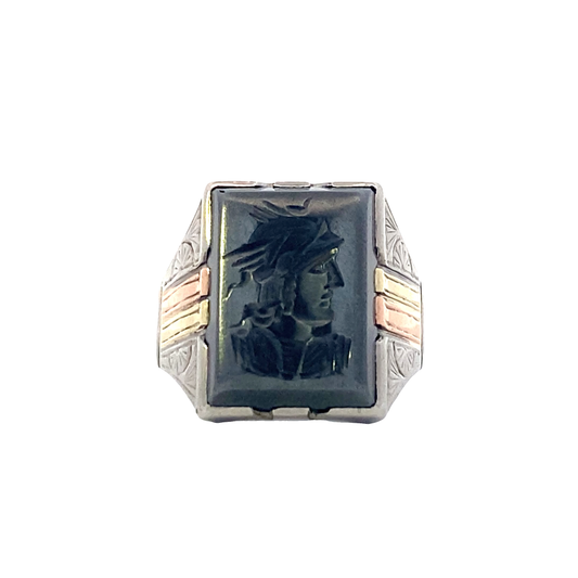 10K Tri-Color Gold Intaglio Hematite Roman Soldier Ring