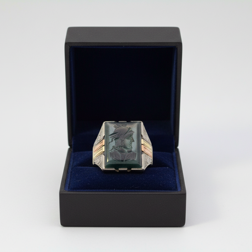 10K Tri-Color Gold Intaglio Hematite Roman Soldier Ring
