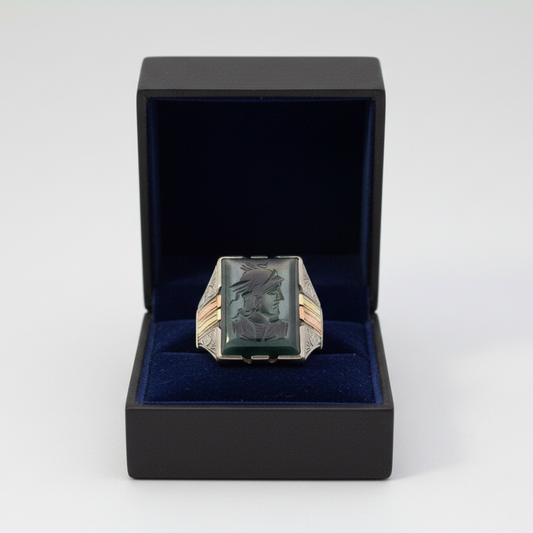 10K Tri-Color Gold Intaglio Hematite Roman Soldier Ring