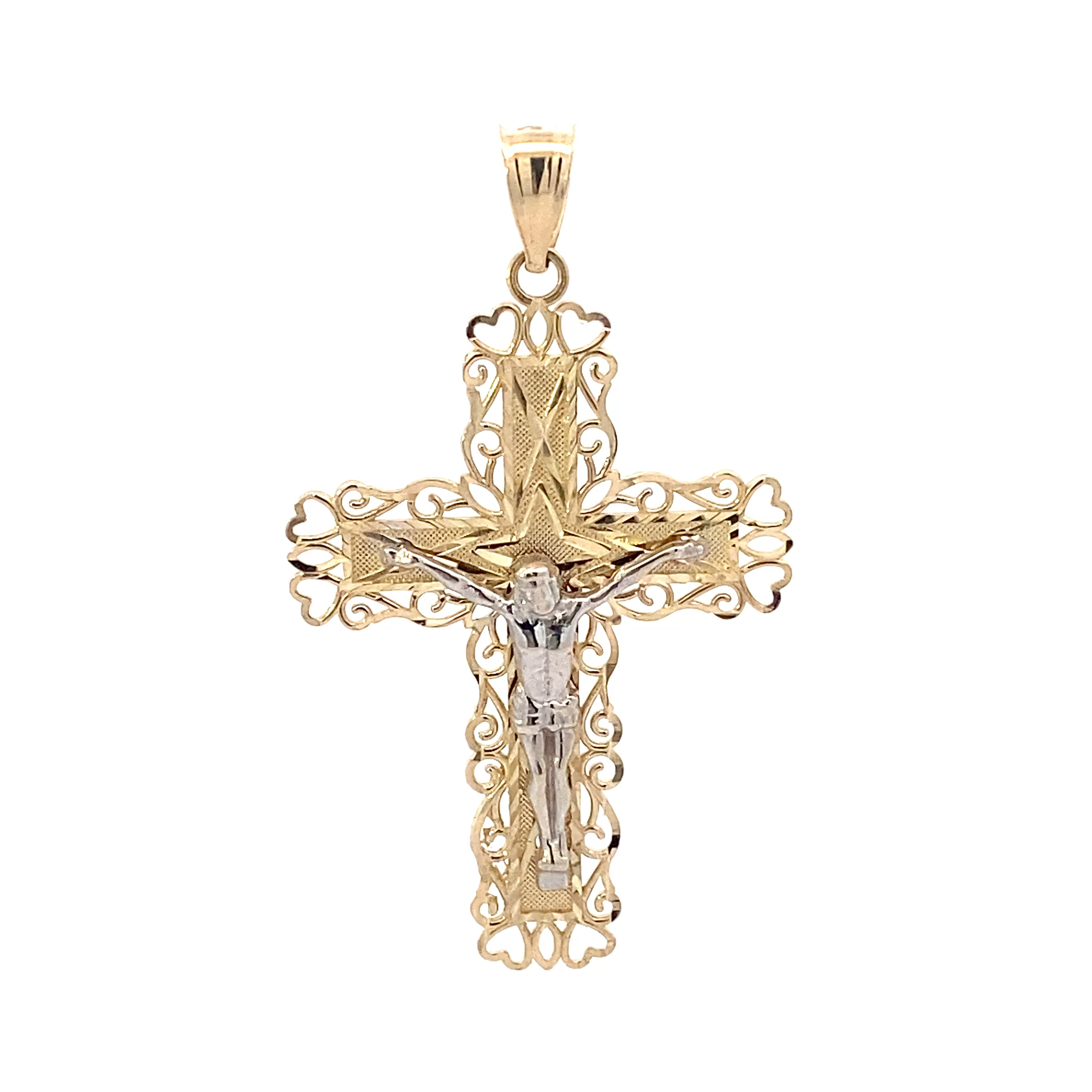 14K Yellow & White Gold Filigree Crucifix Pendant