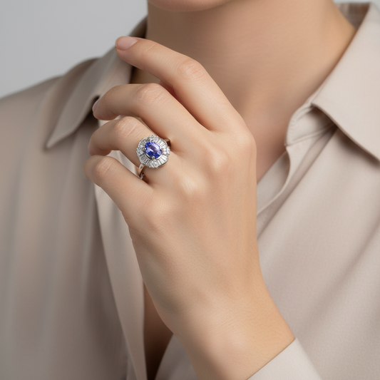 14K White Gold Diamond & Tanzanite Women's Ring - 0.08ct