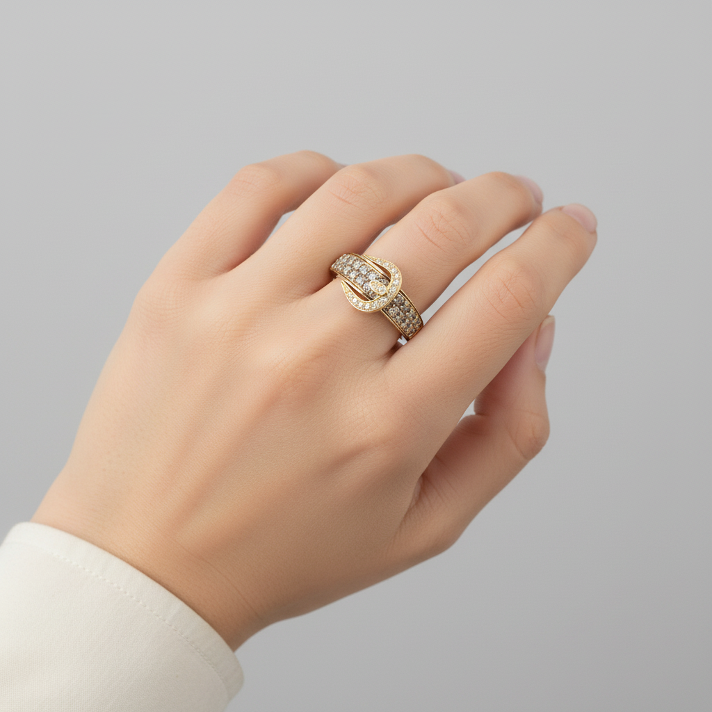 14K Yellow Gold Diamond Buckle Style Ring - 0.61ct