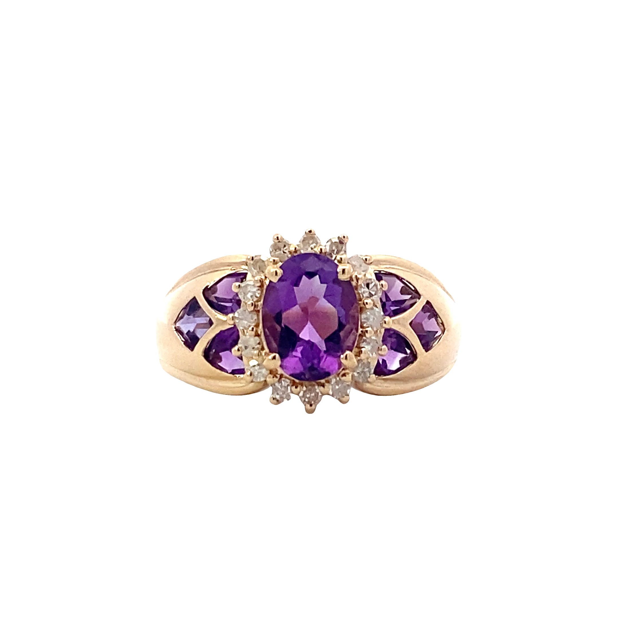 14K Yellow Gold Diamond & Amethyst Women's Halo Ring - 0.22ct