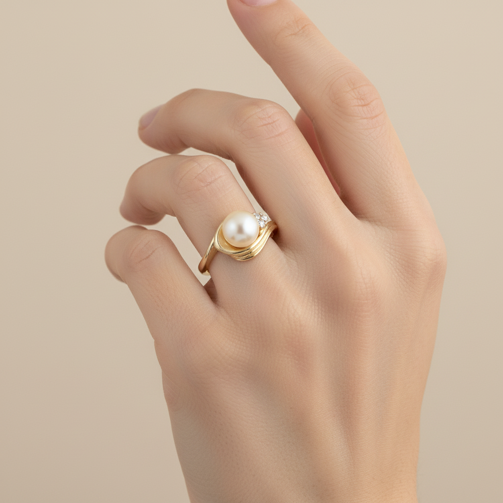 14K Yellow Gold Pearl & Diamonds Women's Ring - 0.04ct