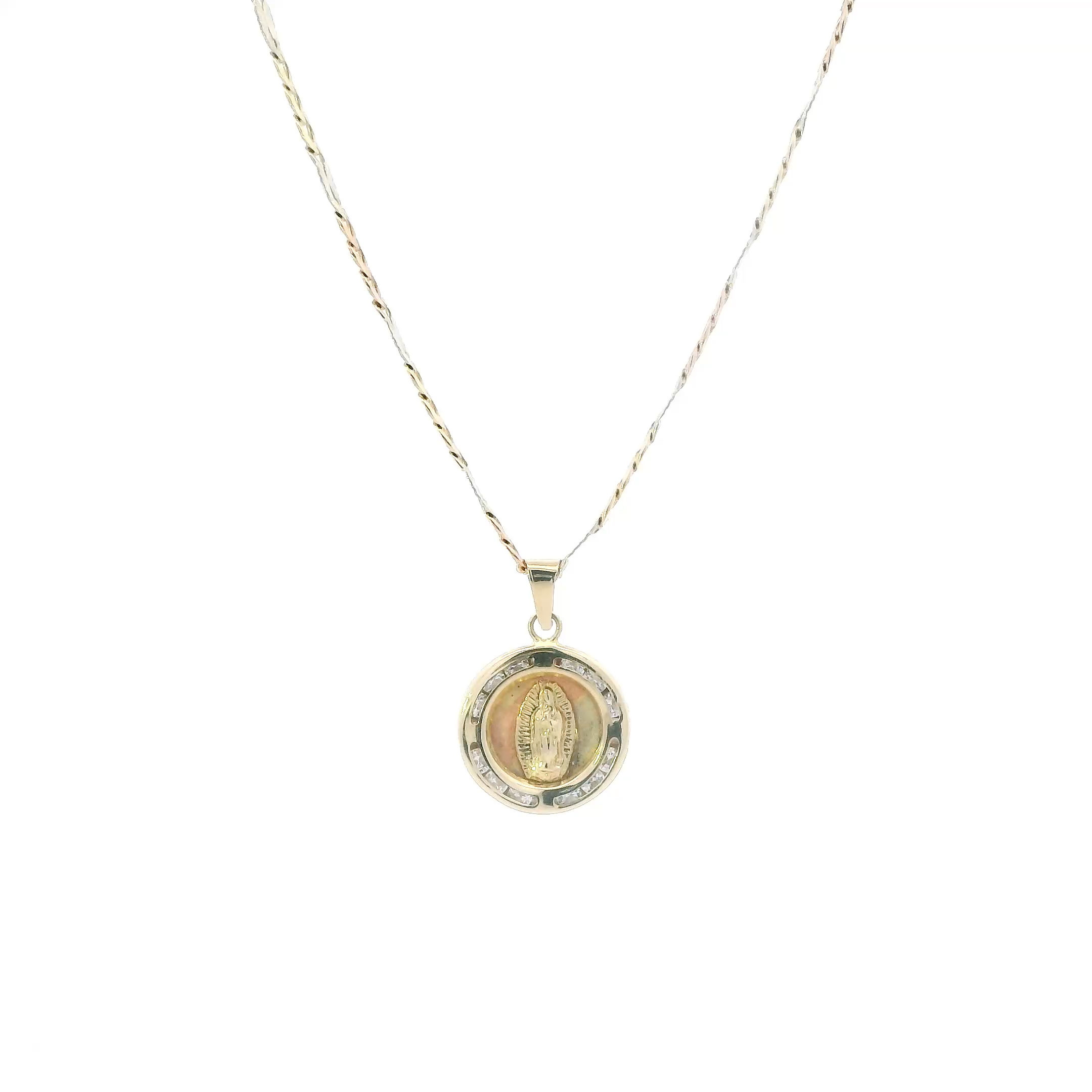 14K Tri Color Gold Cz Religious Figure Pendant & 20