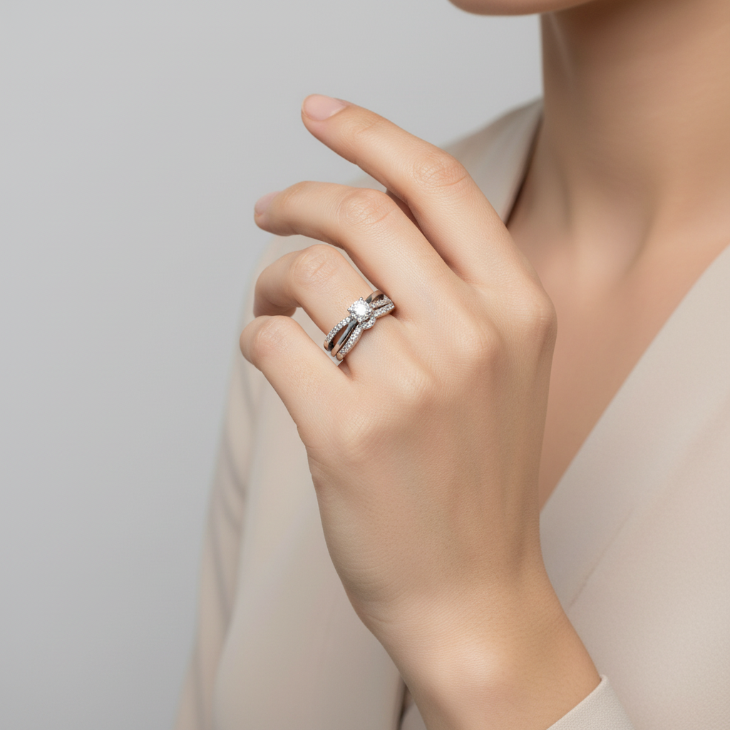 10K White Gold Diamond Engagement & Wedding Ring Set - 0.12ct