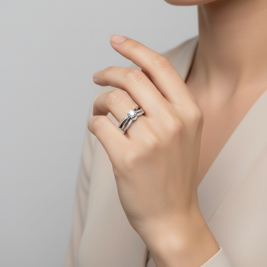 10K White Gold Diamond Engagement & Wedding Ring Set - 0.12ct