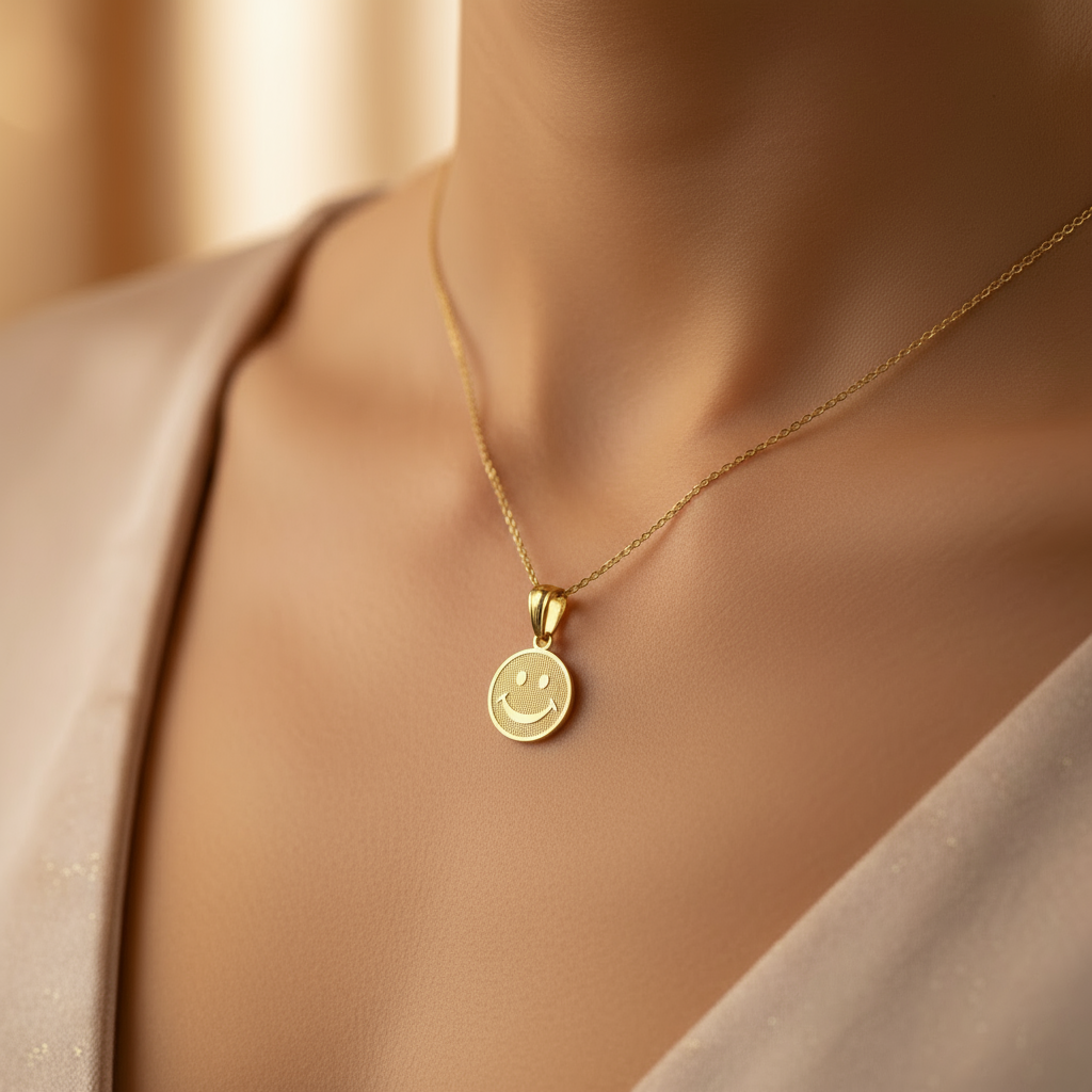 10K Yellow Round Happy Face Pendant