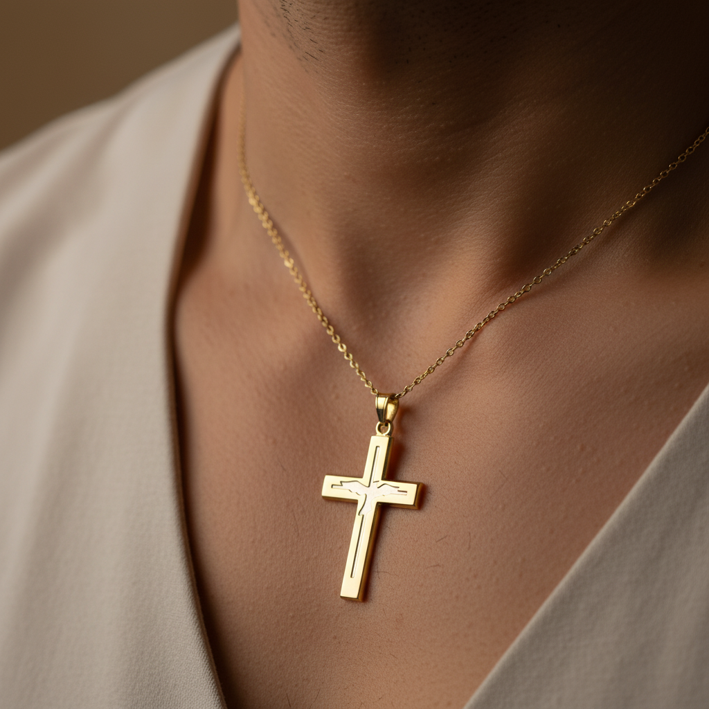 14K Yellow & White Gold Hollow Dove & Cross Pendant