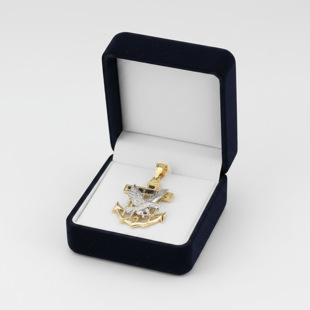 14K White & Yellow Gold Mariners Anchor Cross & Eagle Pendant