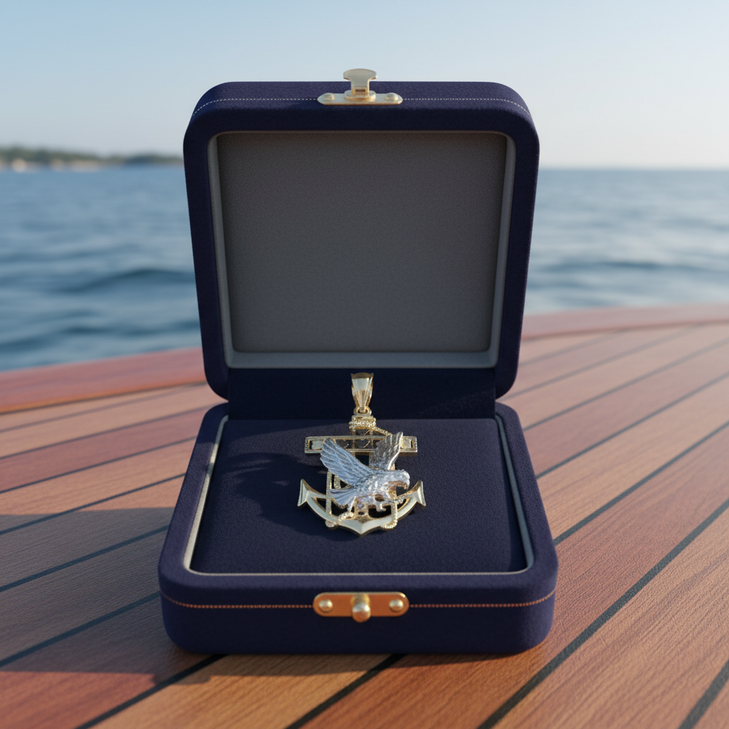 14K White & Yellow Gold Mariners Anchor Cross & Eagle Pendant