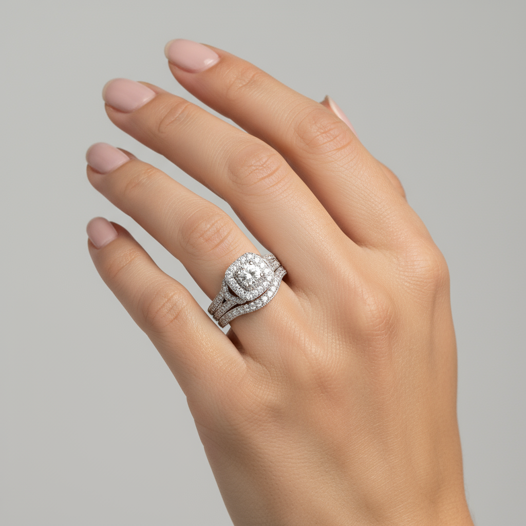 14K White Gold Diamonds Womens Engagement & Wedding Ring Set - 0.89ct