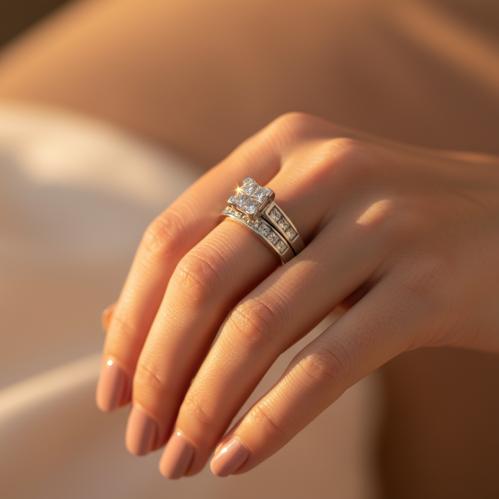 14K White Gold Diamonds Women's Engagement & Wedding Ring Set - 1.32ct