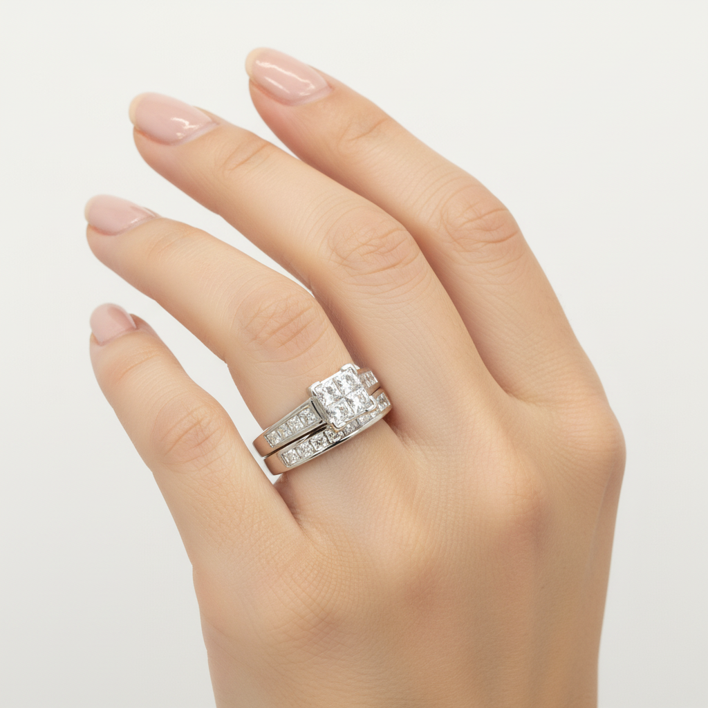 14K White Gold Diamonds Women's Engagement & Wedding Ring Set - 1.32ct