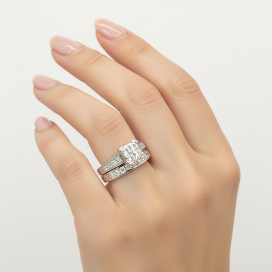 14K White Gold Diamonds Women's Engagement & Wedding Ring Set - 1.32ct