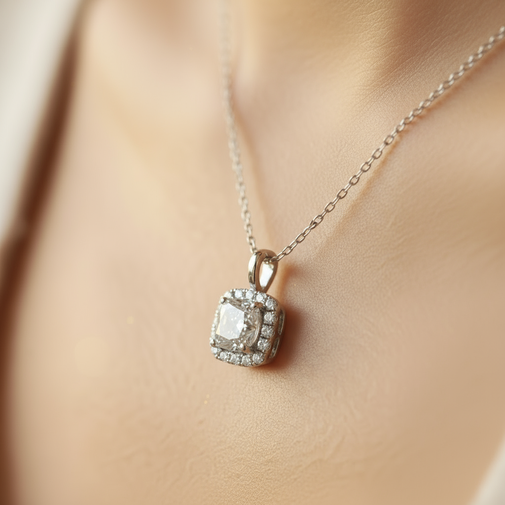 14K White Gold Diamonds Square Pendant - 0.47ct