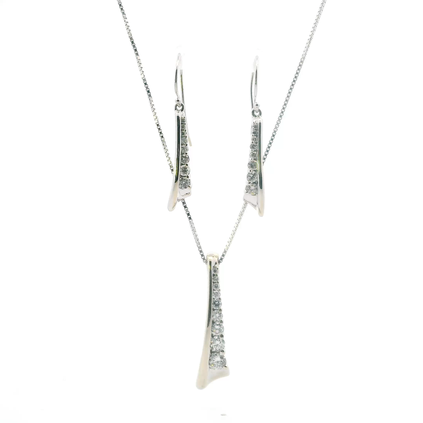 14K White Gold 18" Box Chain & Diamonds Pendant & Diamonds Dangle Earrings - 1.25ct