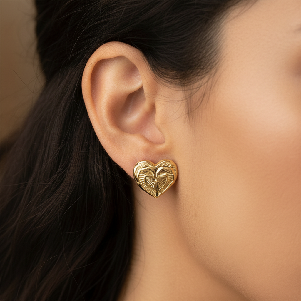 14K Yellow Gold Heart Stud Earrings