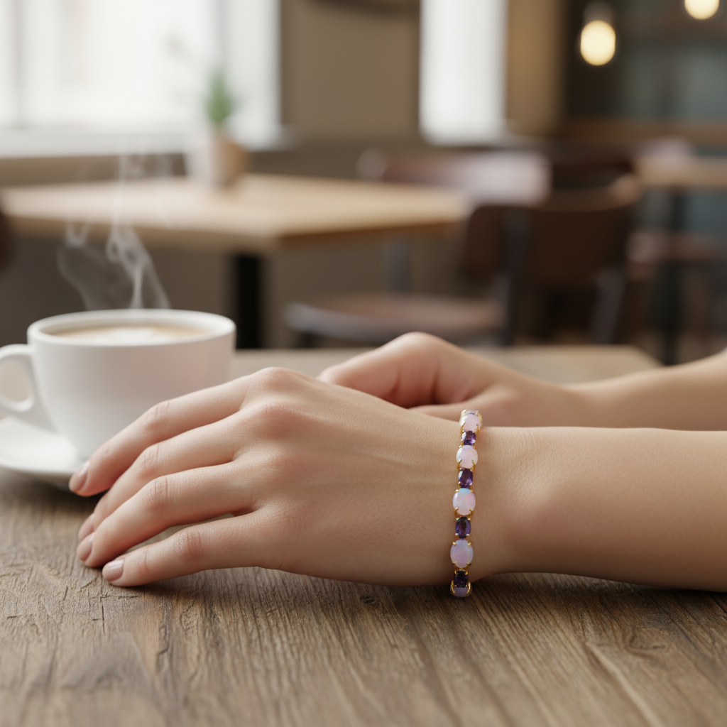 14K Yellow Gold 7.25" Lavender Jade & Amethyst Bracelet