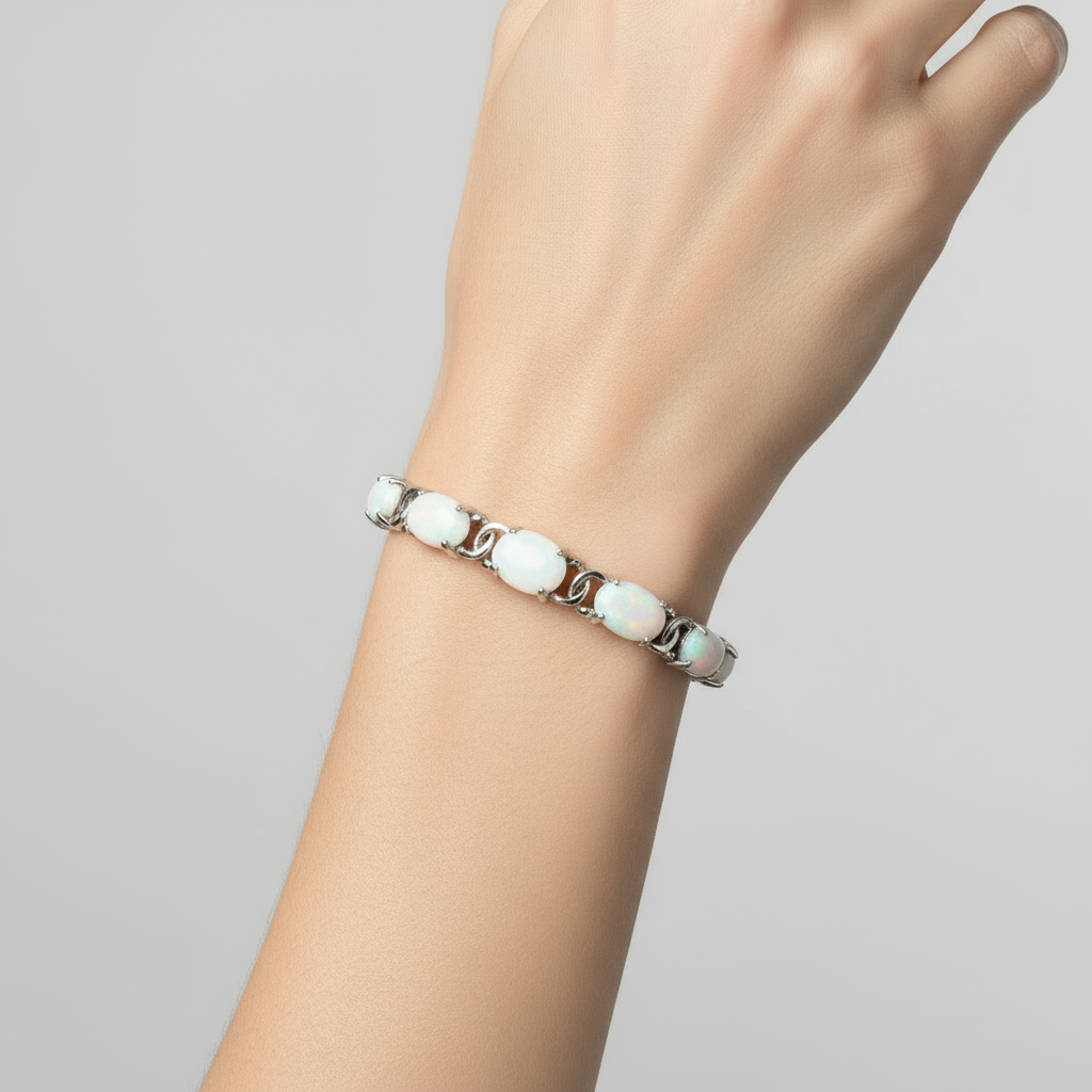 Sterling Silver Opal Hinged Bracelet