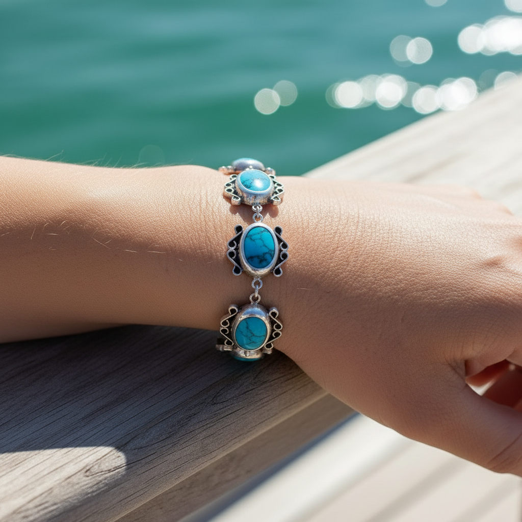 Sterling Silver 7" Oval Bezel Turquoise Toogle Bracelet